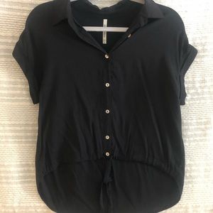 Black short sleeve button up with drawstring